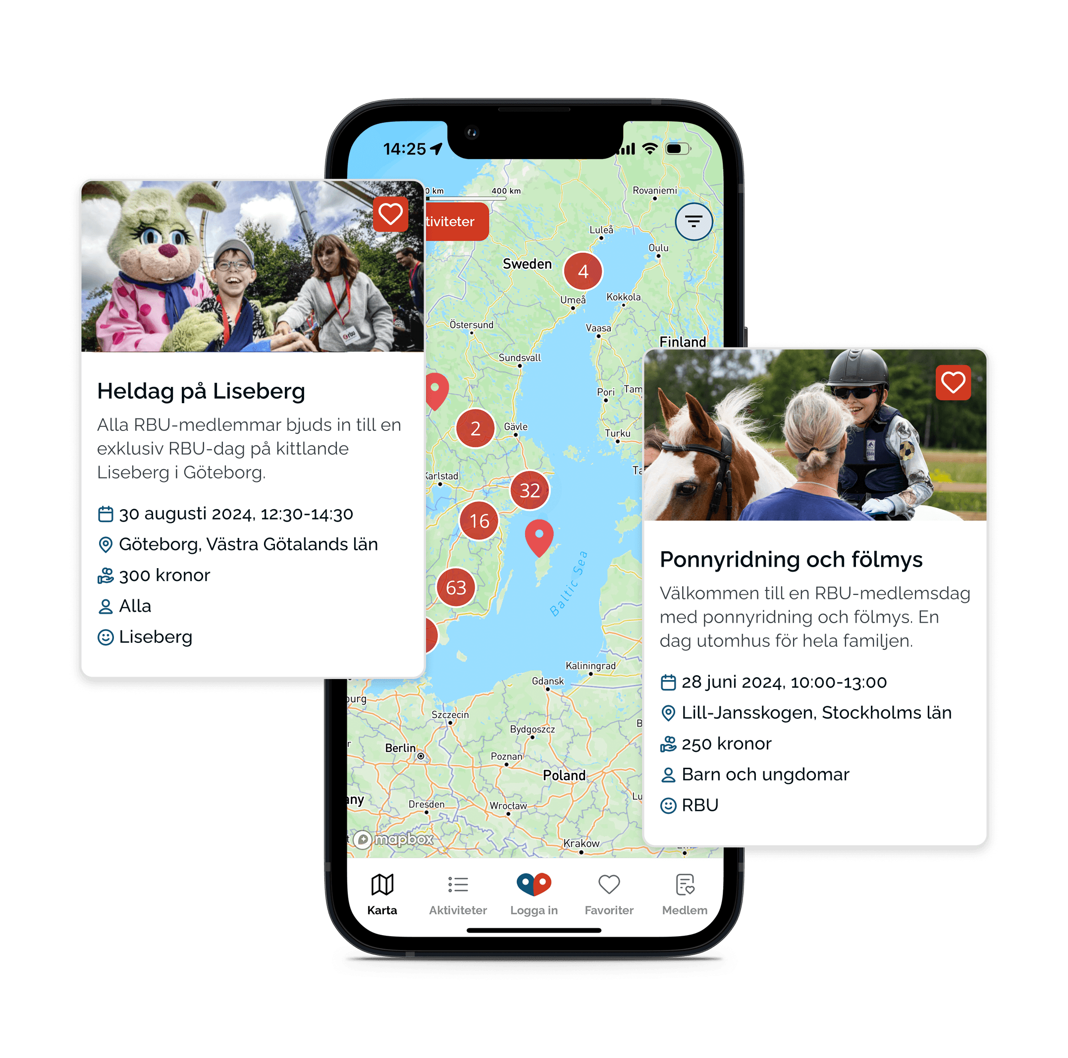 Funkisplats i mobil med tillgängliga aktiviteter och kort